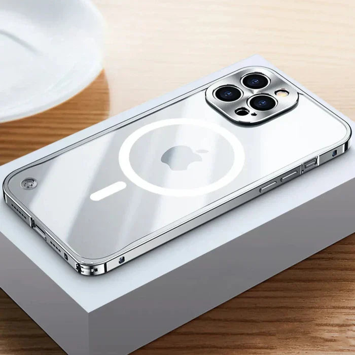 Slim clear protective MagSafe cover for iPhone 15, enhancing grip and device safety.