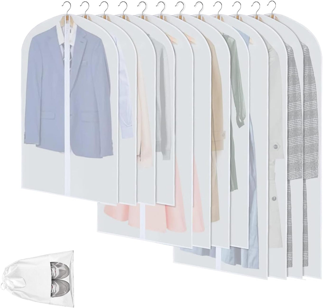 Clear PEVA garment bags (12 pack) for dustproof clothes protection & wardrobe storage.