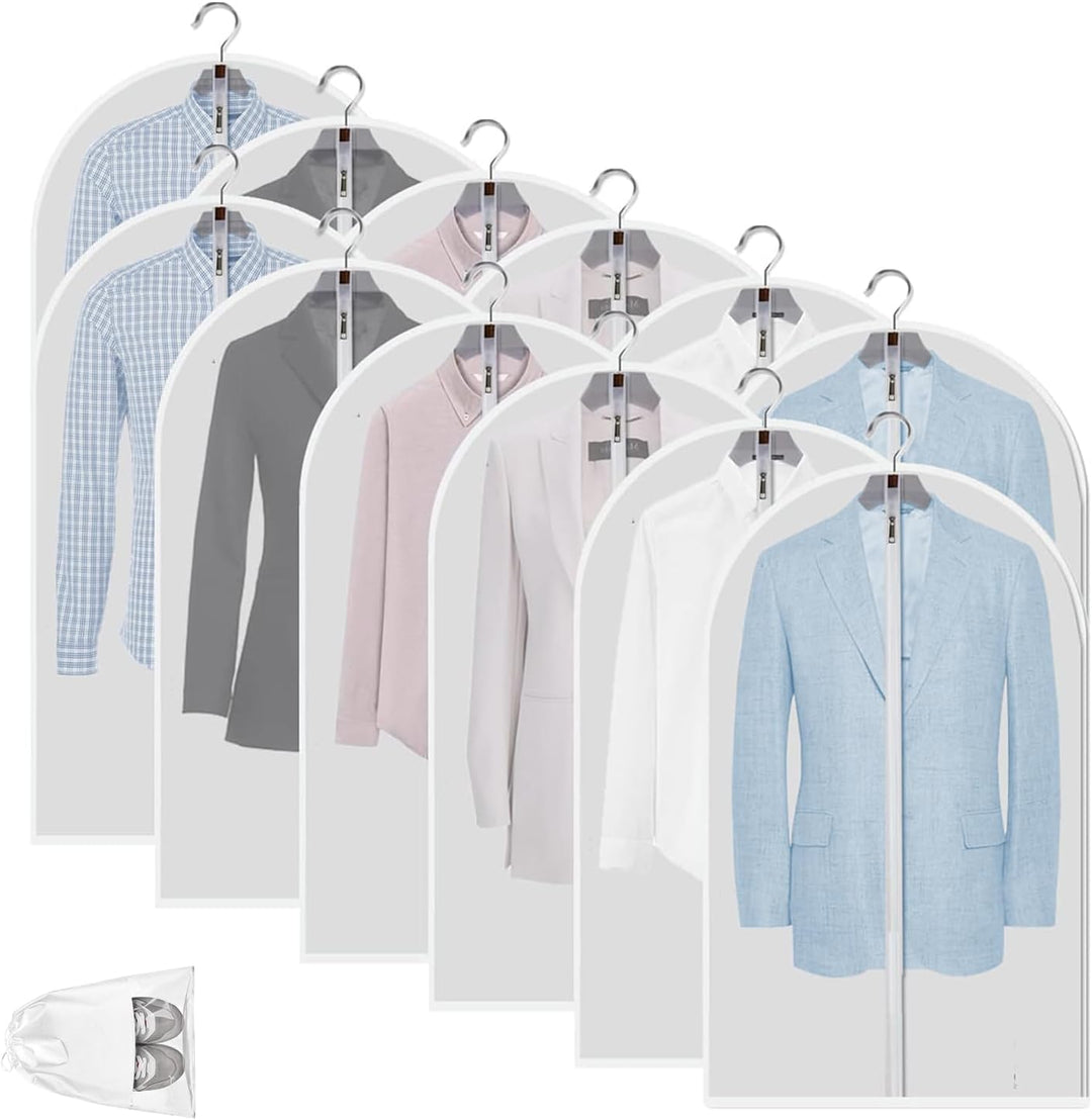 Wardrobe storage: 12-pack clear PEVA garment bags for dust & moth protection.