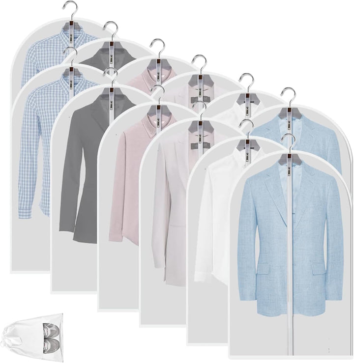 Wardrobe storage: 12-pack clear PEVA garment bags for dust & moth protection.