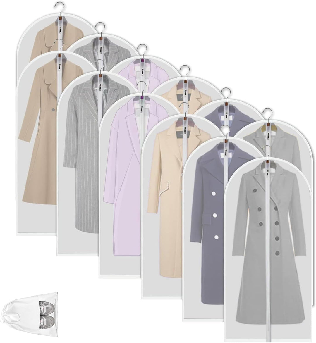 Organize your closet with 12 clear PEVA clothes bags, dustproof & reusable.