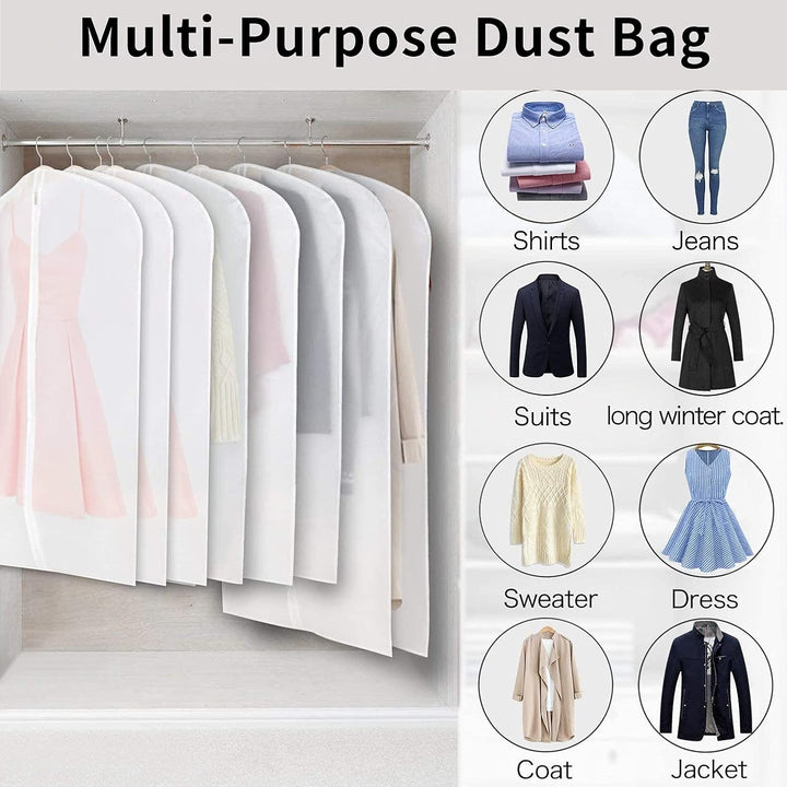 Durable PEVA garment protectors (12-pack) for breathable, dust-free storage.