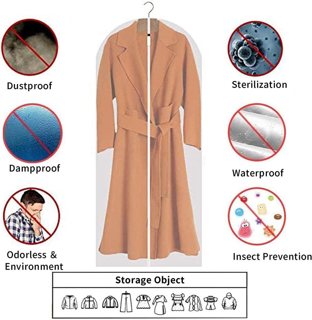 Dustproof 12-pack clear PEVA garment bags, perfect for seasonal clothing.