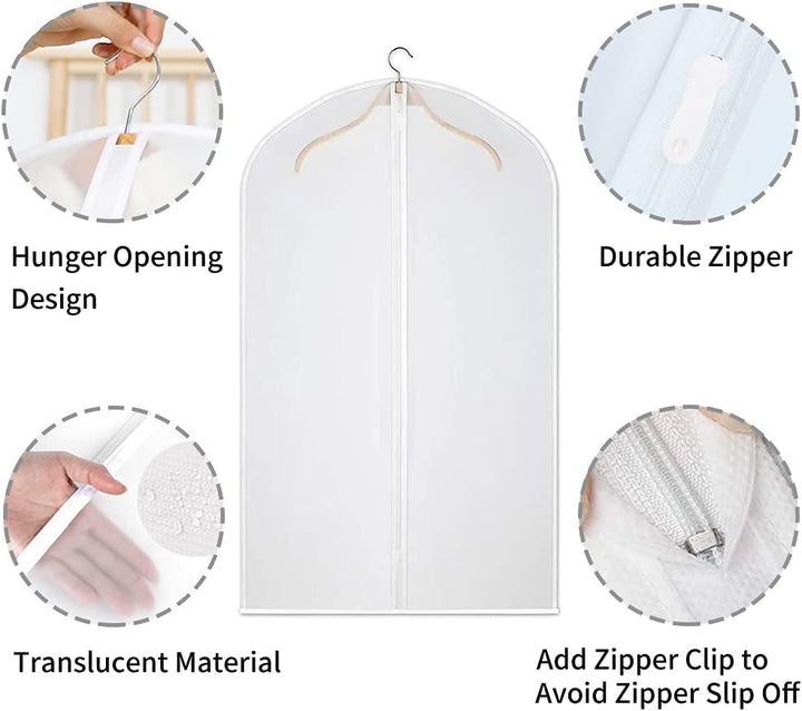 Reusable PEVA garment bags, dustproof. Perfect for wardrobe, travel organization.