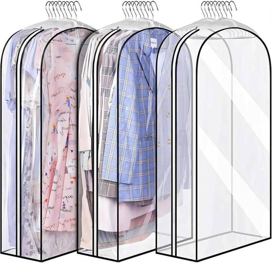 Clear PEVA garment storage bags with side zip, perfect for clothes protection, closet organization, suit & dress covers.