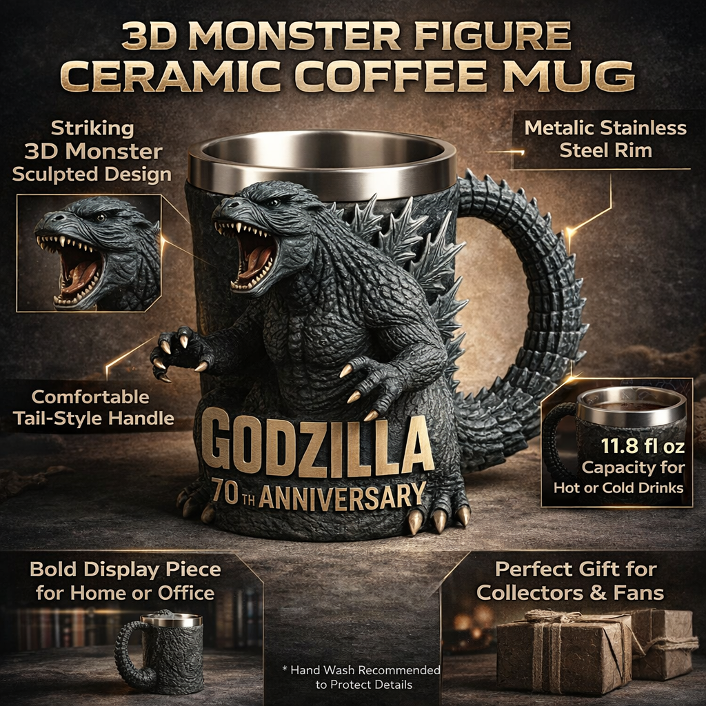 Front view of a playful monster coffee mug, sculpted ceramic, great for daily fun and unique gifts.