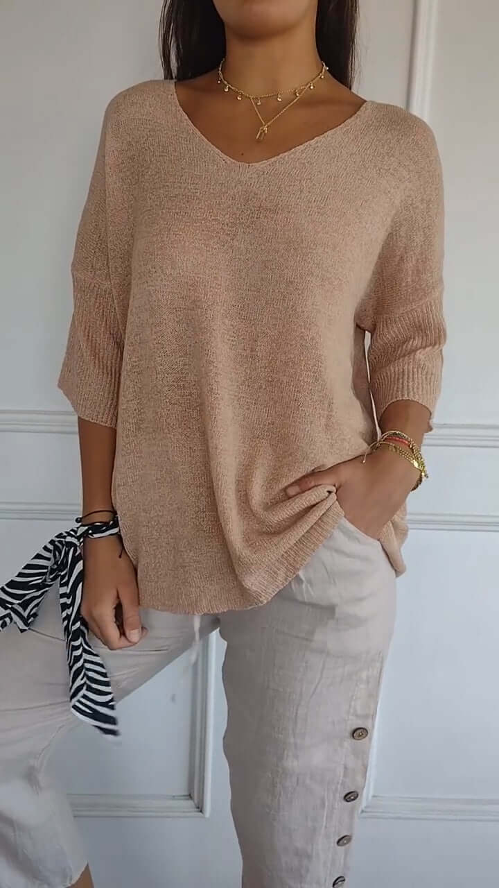 Everyday women's V-neck knit top, soft, comfortable, and stylish with a loose fit and long sleeves.