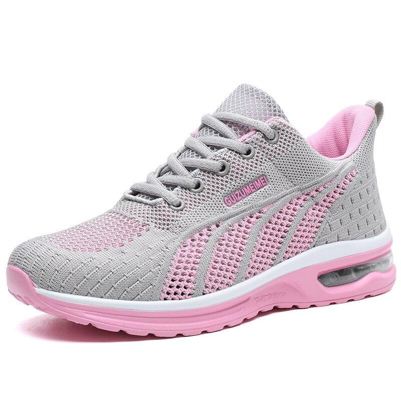 Action shot: Woman wearing platform running shoes during an outdoor training session. Optimal athletic performance.