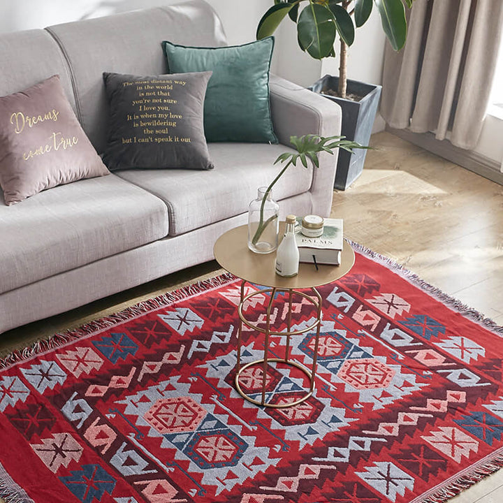 "Colorful bohemian tassel knitted sofa throw, featuring bright patterns and ethnic tassel details for vibrant home decor."