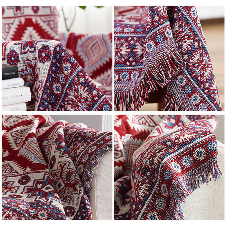 "Colorful bohemian tassel knitted sofa throw, featuring bright patterns and ethnic tassel details for vibrant home decor."