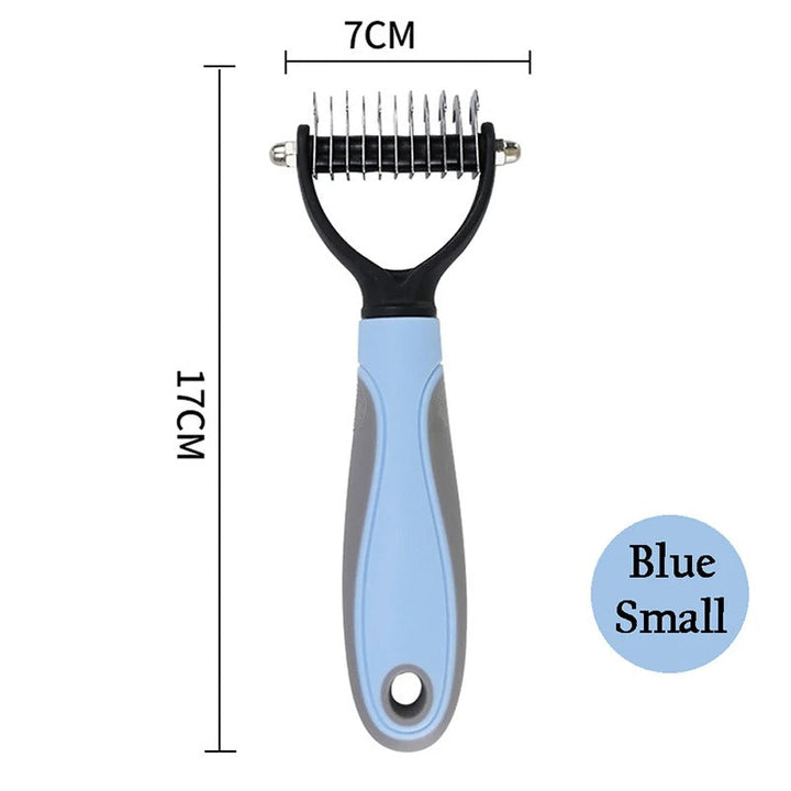 "Colorful deshedding brush for dogs and cats, ergonomic handle, stainless-steel edges, reduces shedding efficiently."