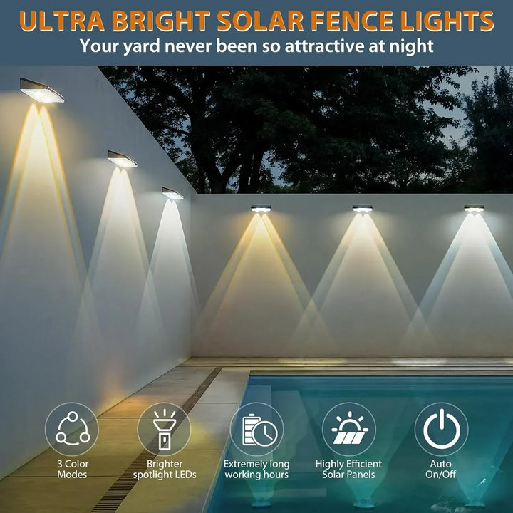 Solar Fence Lights: Vibrant 7-color LED outdoor wall lights, perfect for gardens and patios. Features auto on/off, wide LED lens, and weatherproof IP65 rating. Easy screw or adhesive installation.