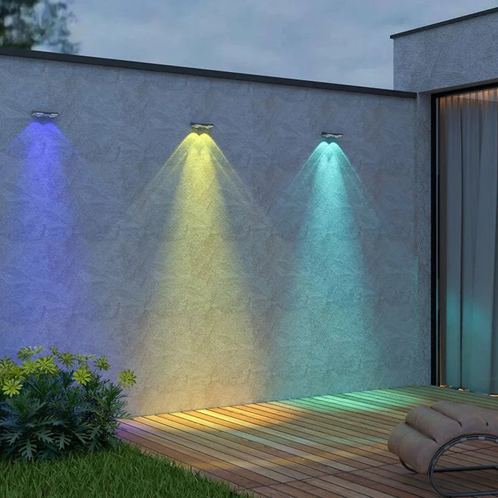 Solar Fence Lights: Vibrant 7-color LED outdoor wall lights, perfect for gardens and patios. Features auto on/off, wide LED lens, and weatherproof IP65 rating. Easy screw or adhesive installation.