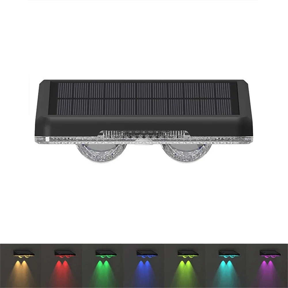 Solar Fence Lights: Vibrant 7-color LED outdoor wall lights, perfect for gardens and patios. Features auto on/off, wide LED lens, and weatherproof IP65 rating. Easy screw or adhesive installation.