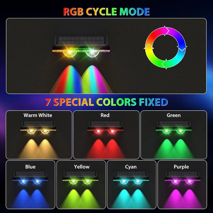 Solar Fence Lights: Vibrant 7-color LED outdoor wall lights, perfect for gardens and patios. Features auto on/off, wide LED lens, and weatherproof IP65 rating. Easy screw or adhesive installation.