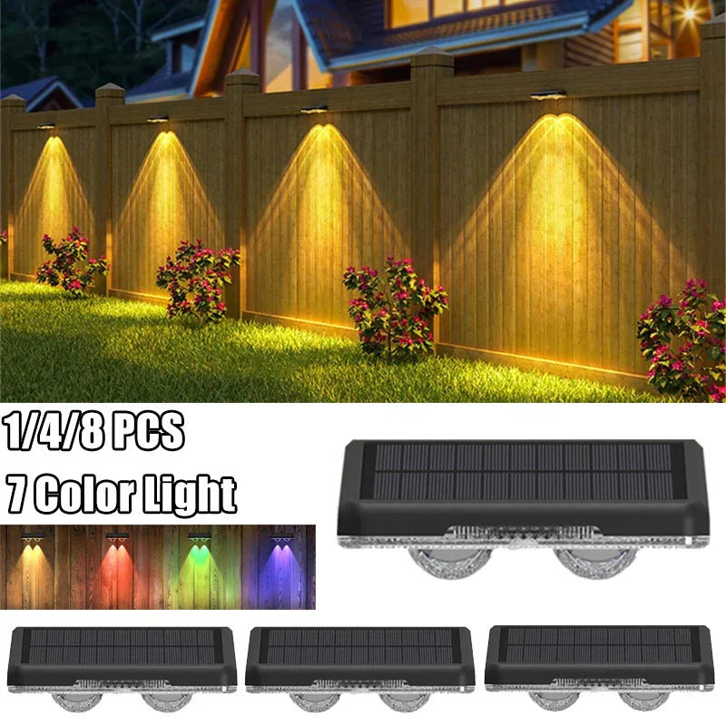 Solar Fence Lights: Vibrant 7-color LED outdoor wall lights, perfect for gardens and patios. Features auto on/off, wide LED lens, and weatherproof IP65 rating. Easy screw or adhesive installation.