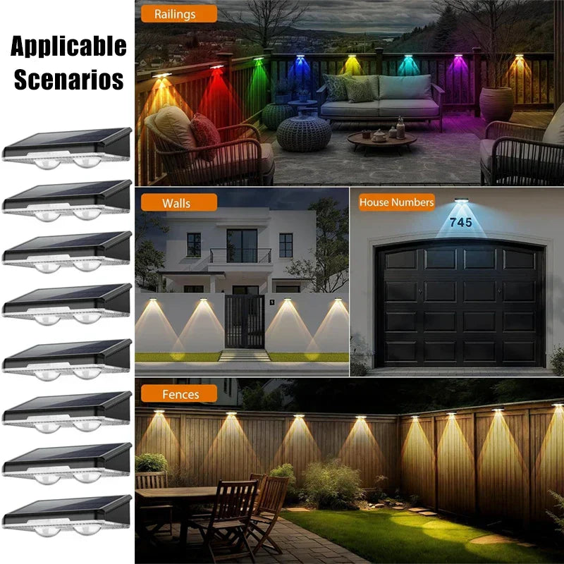 Solar Fence Lights: Vibrant 7-color LED outdoor wall lights, perfect for gardens and patios. Features auto on/off, wide LED lens, and weatherproof IP65 rating. Easy screw or adhesive installation.