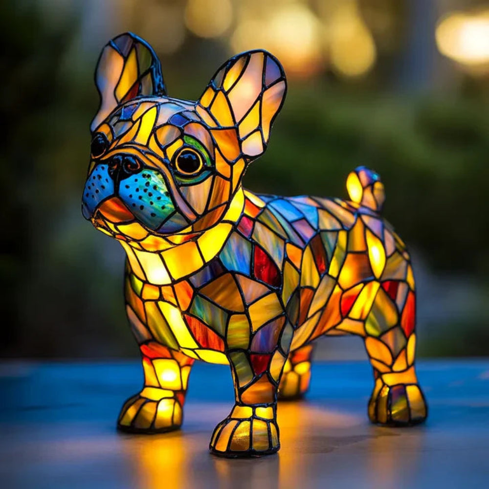 Colorful stained glass dog table lamp, a whimsical animal decor light for pet lovers.
