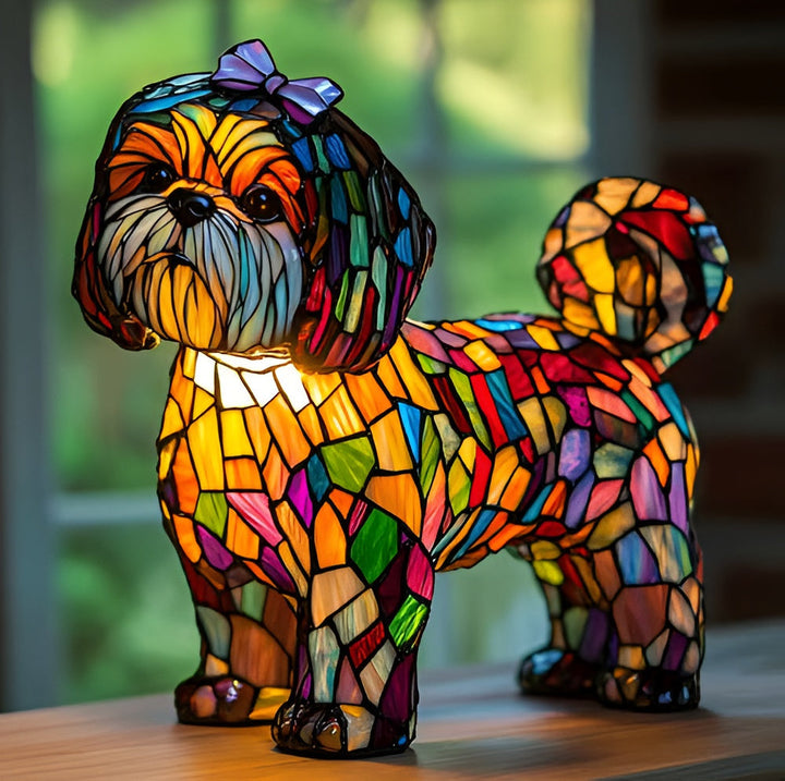 Whimsical dog table lamp, crafted with colorful stained glass, perfect for home accents.