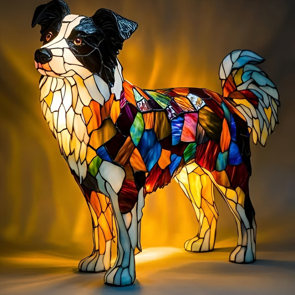 Elegant stained glass dog lamp, a tiffany style table light & charming animal decor gift.