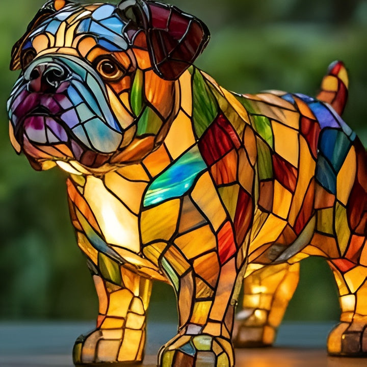 Handcrafted stained glass dog lamp, a unique LED accent light for pet lover homes.