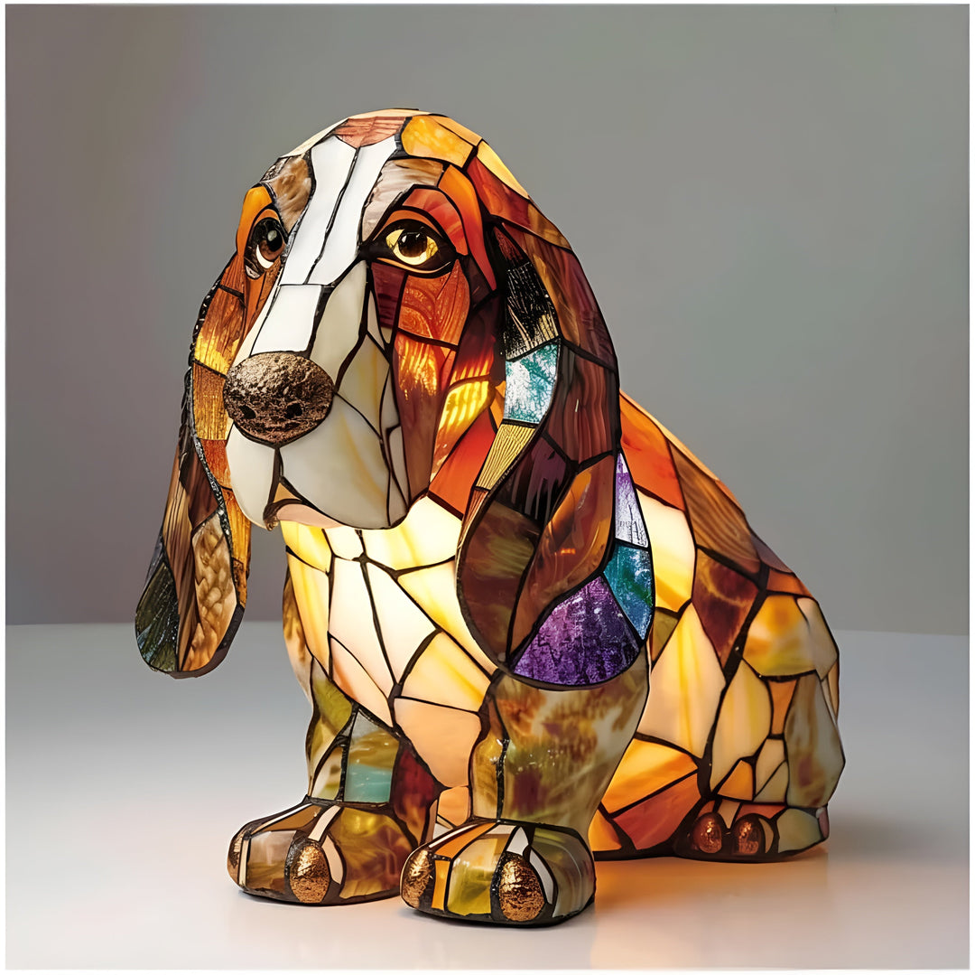 Whimsical stained glass dog lamp, a delightful tiffany style table light for animal themed rooms.