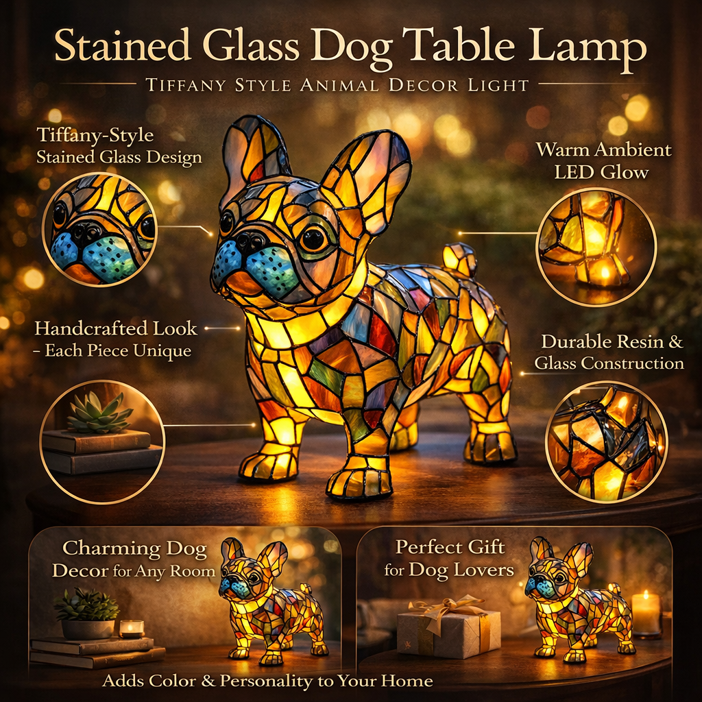 Artistic stained glass dog lamp, a unique pet lover gift and charming home decor accent.