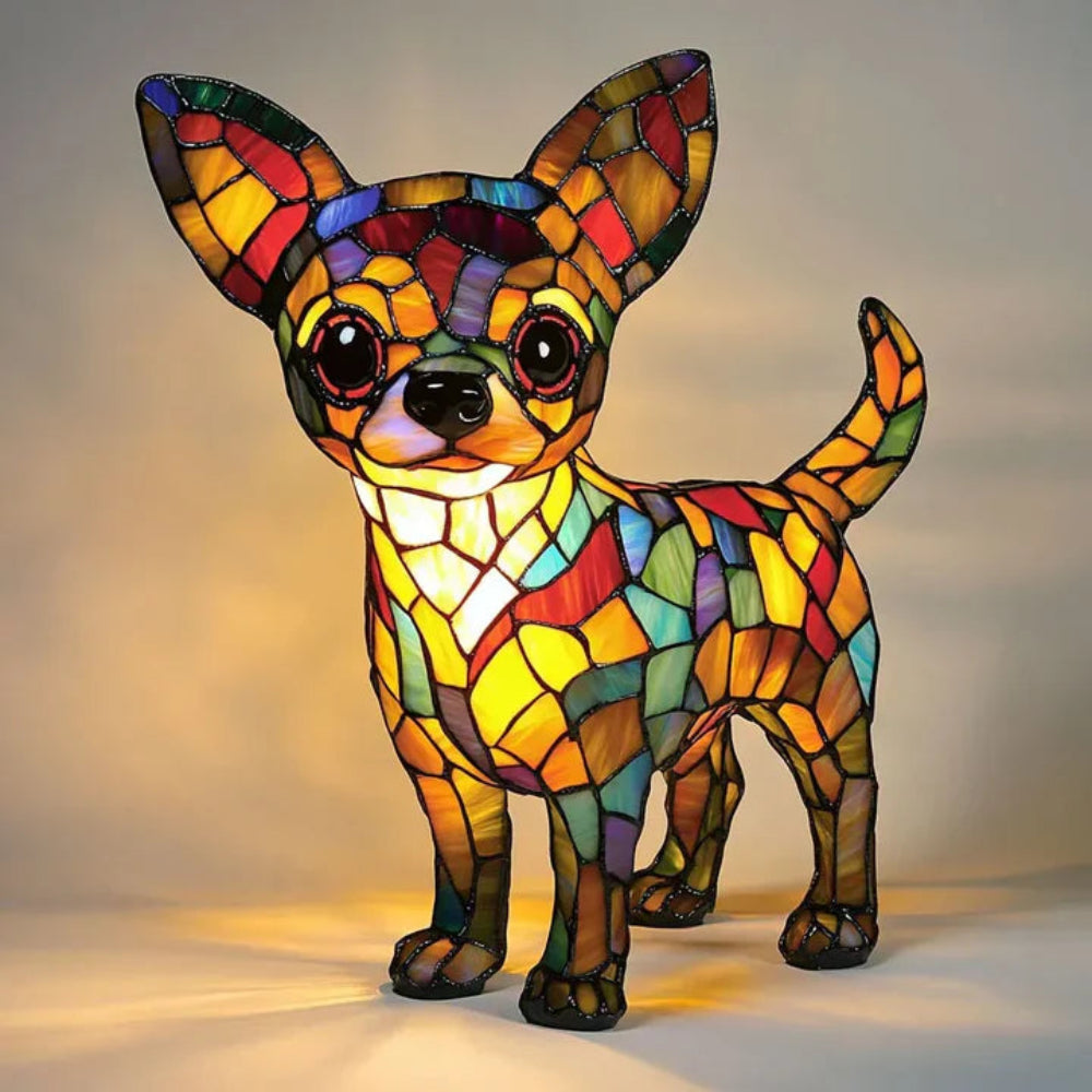 Decorative stained glass dog lamp, providing warm LED lighting & animal-themed decor.