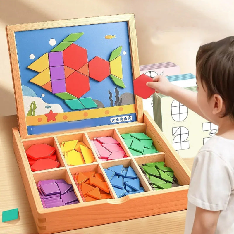 Colorful wooden magnetic pattern blocks puzzle set for children, promoting STEM learning & creativity.