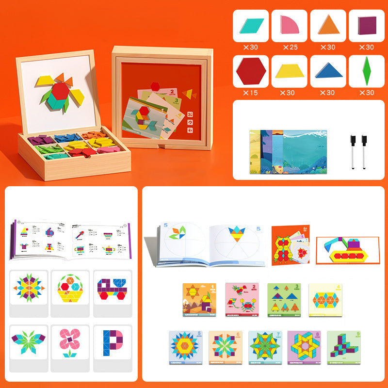 Complex patterns formed with a children's wooden magnetic blocks puzzle, enhancing learning & creativity.