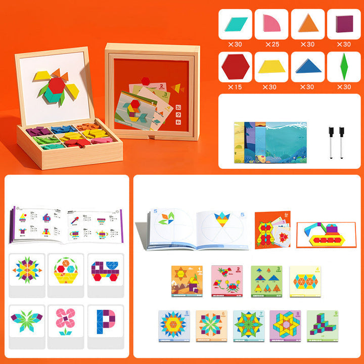 Complex patterns formed with a children's wooden magnetic blocks puzzle, enhancing learning & creativity.