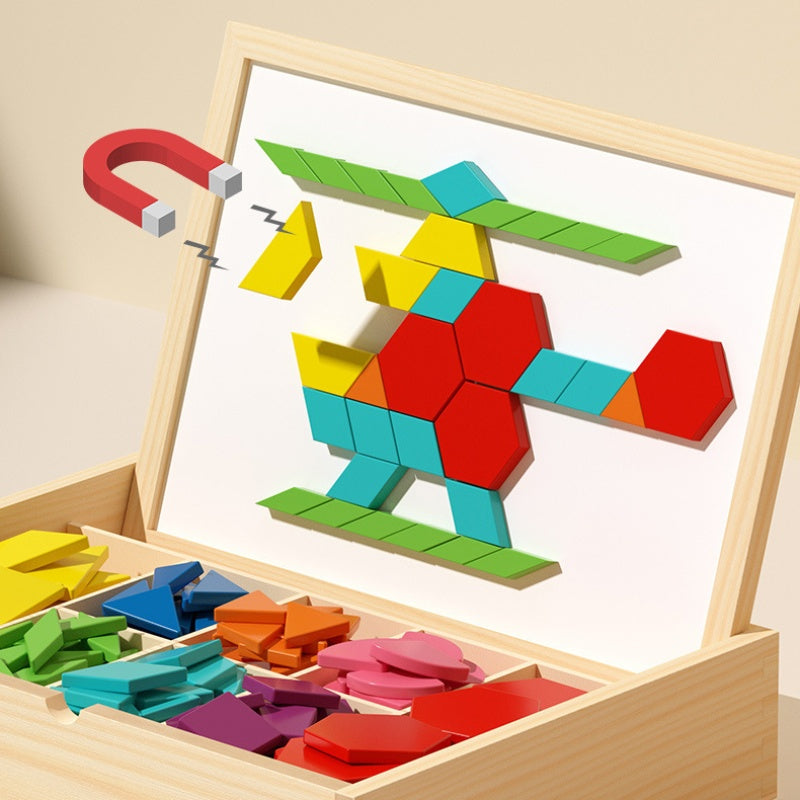 Child creating shapes with a vibrant wooden magnetic blocks puzzle set, fostering educational play.