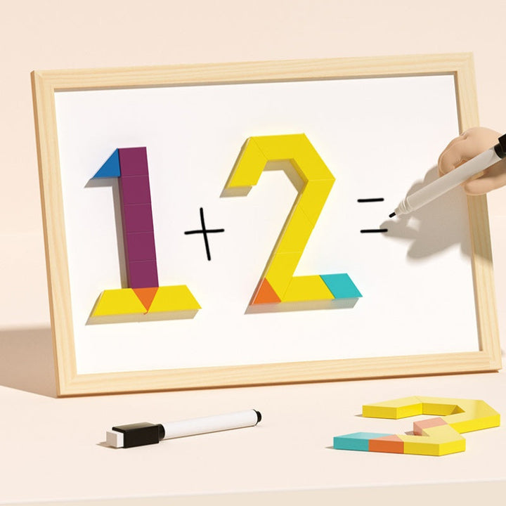 Close-up of smooth, durable wooden magnetic blocks in various shapes, perfect for children's puzzles.