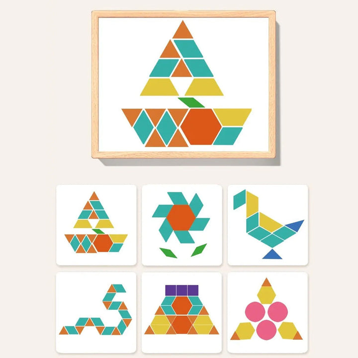 Geometric wooden magnetic puzzle blocks for kids, featuring diverse shapes for creative pattern building.