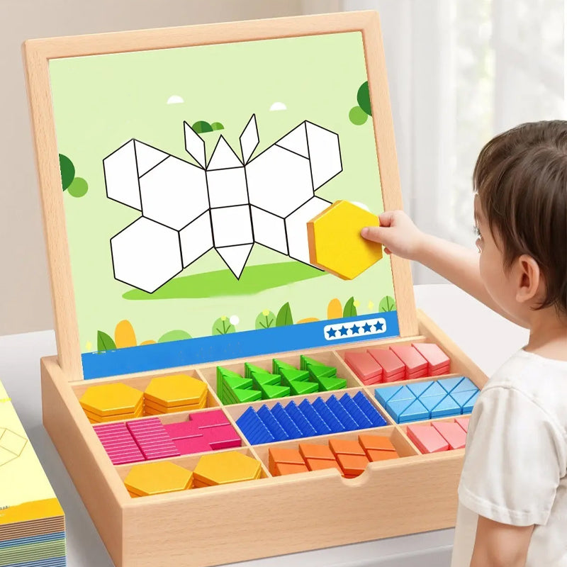 Children's wooden magnetic puzzle blocks creating fun patterns, an educational STEM learning toy.