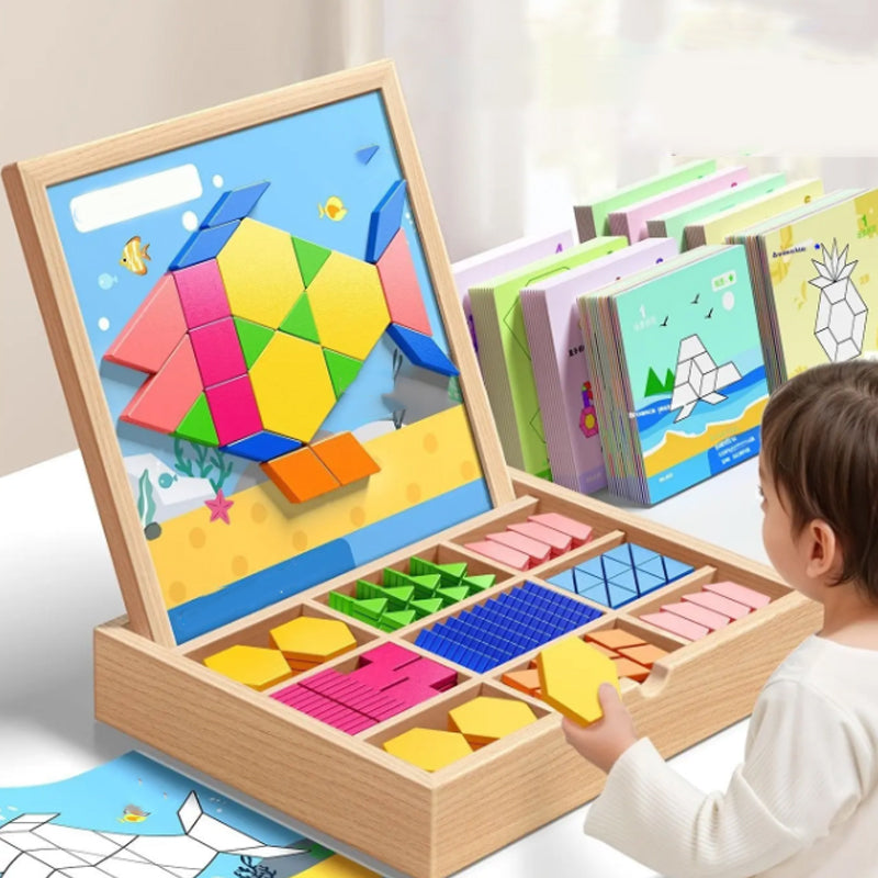 Educational wooden magnetic blocks puzzle set designed for children's STEM learning, shapes & creativity.