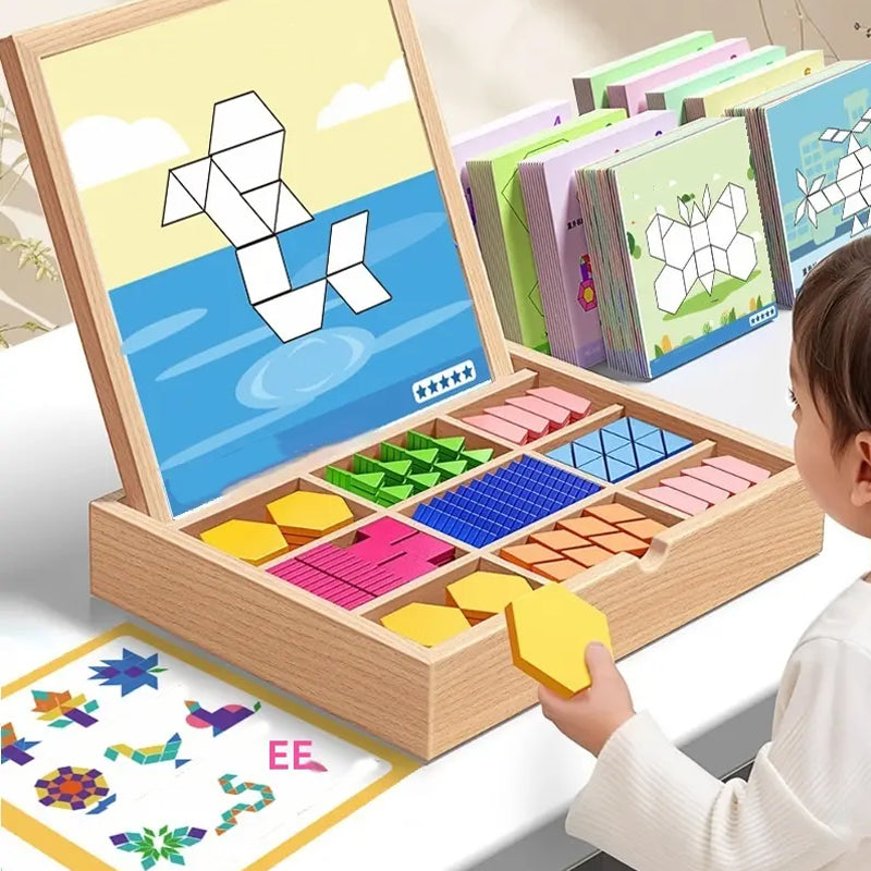 Wooden magnetic pattern blocks puzzle set neatly stored, ready for children's creative learning play.