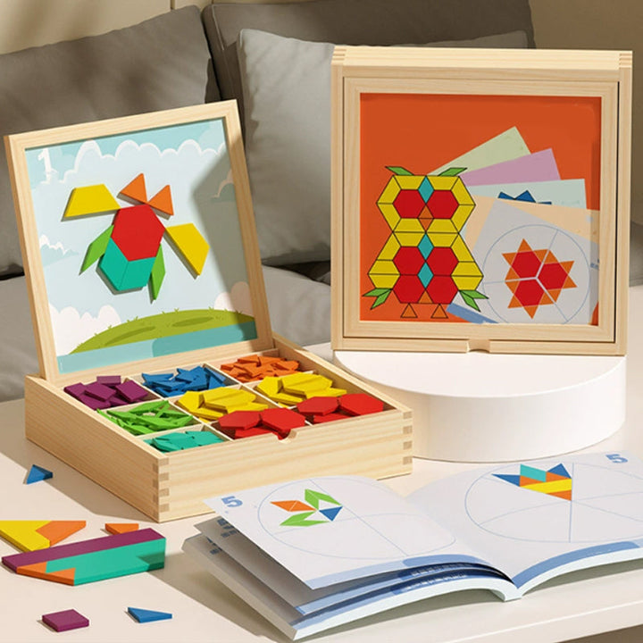 Kids enjoying creative open-ended play with a vibrant wooden magnetic pattern blocks puzzle set.