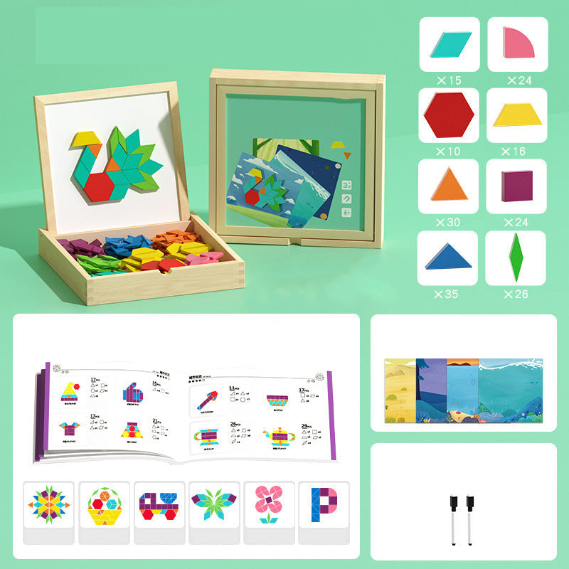 Wooden magnetic puzzle blocks firmly attached to a surface, demonstrating the magnetic feature for kids.