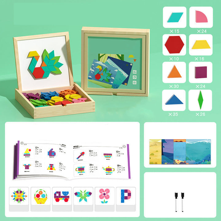 Wooden magnetic puzzle blocks firmly attached to a surface, demonstrating the magnetic feature for kids.