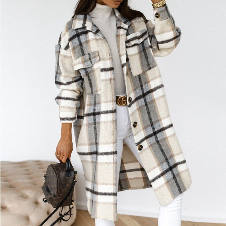Vivian long checked coat for women. Fashionable, warm, and comfortable plaid winter outerwear style.