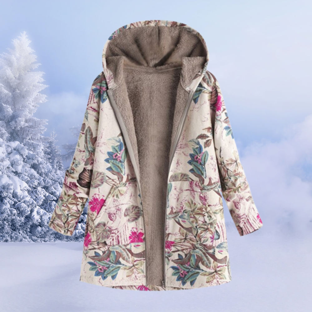 Comfortable women's winter jacket with elegant floral print & cozy hood, perfect for stylish warmth.
