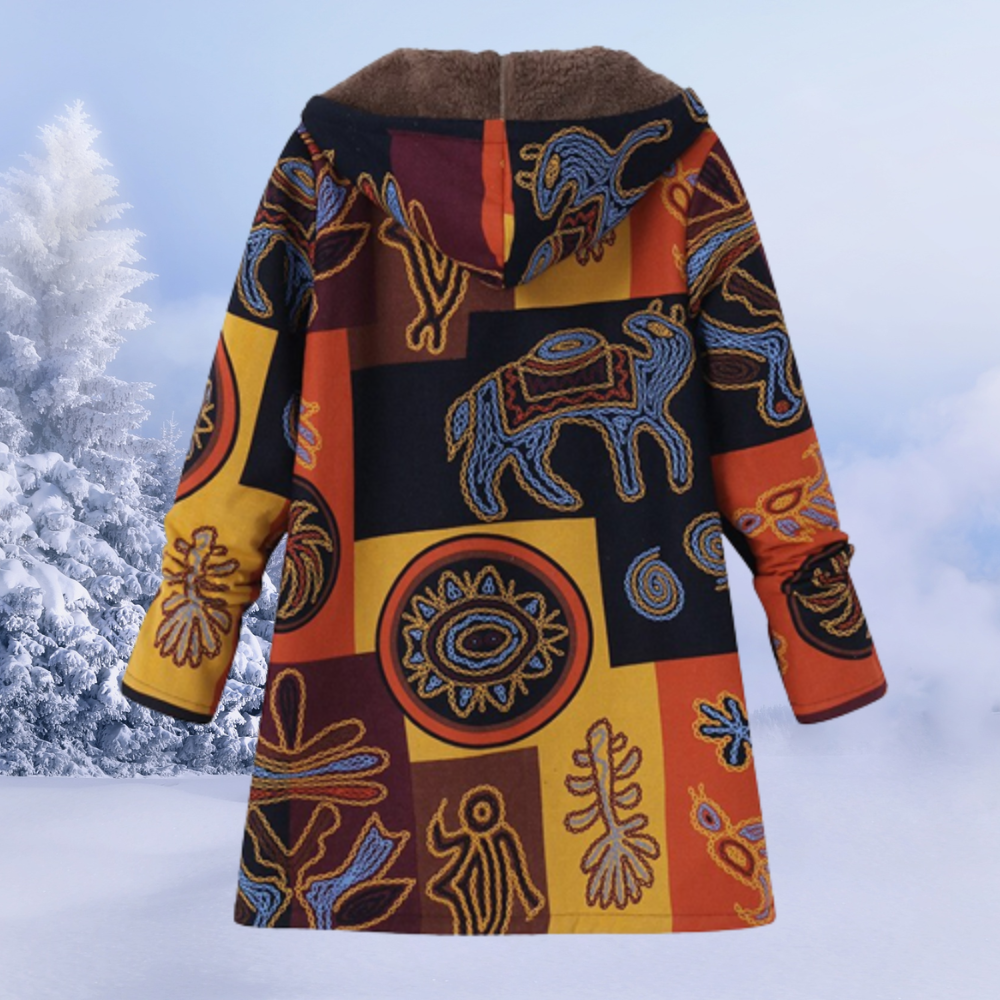 Fashionable women's floral winter jacket with hood, keeping you warm and stylish in cold weather conditions.