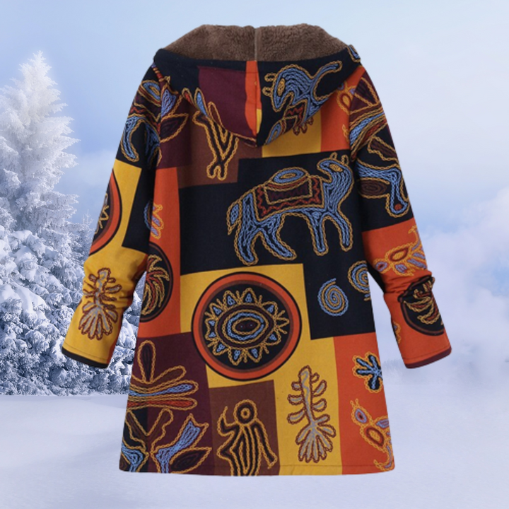 Fashionable women's floral winter jacket with hood, keeping you warm and stylish in cold weather conditions.