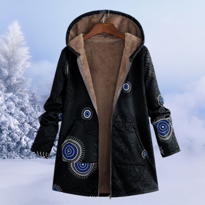 Cozy hooded women's winter jacket featuring a vibrant floral print, great for stylish cold weather fashion.