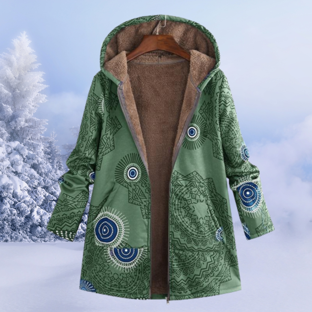Warm women's hooded winter jacket featuring a beautiful floral pattern, designed for comfort & style.