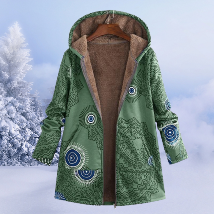 Warm women's hooded winter jacket featuring a beautiful floral pattern, designed for comfort & style.