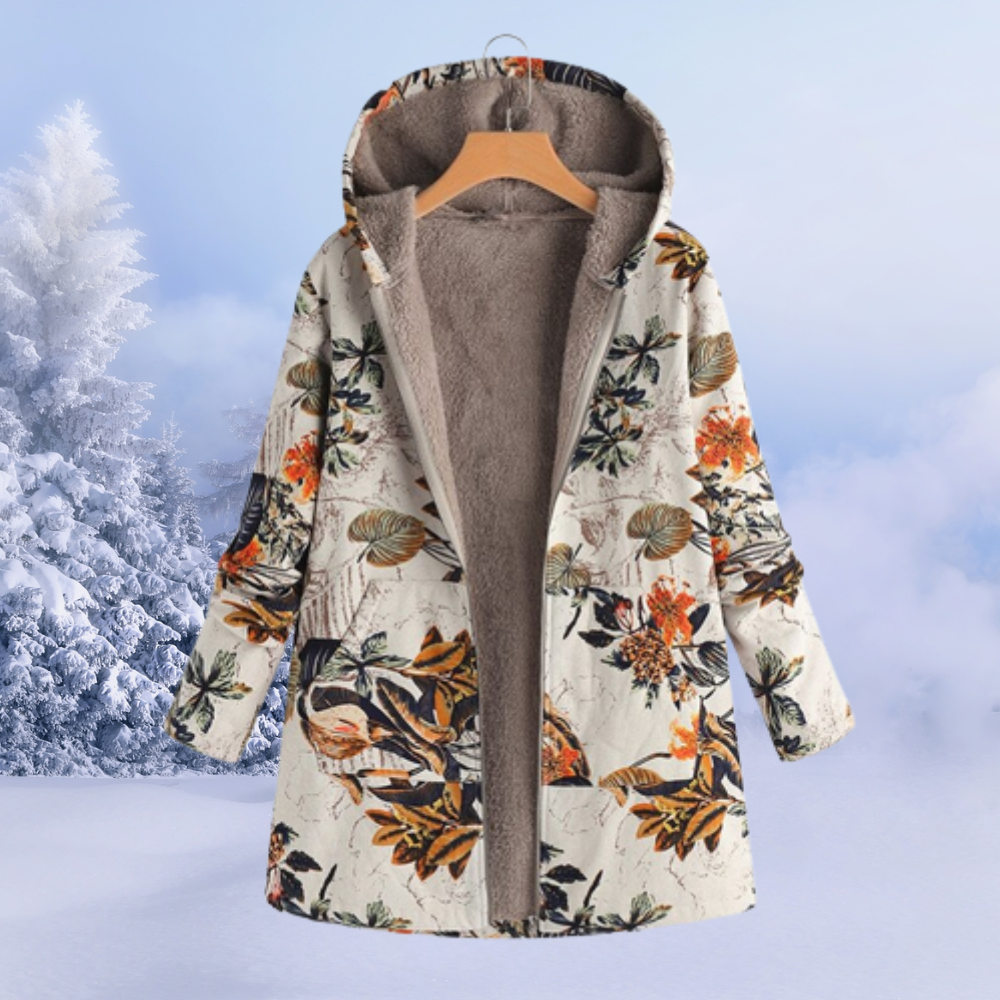 Comfortable women's floral winter outerwear, a hooded jacket perfect for staying warm and chic in cold weather.