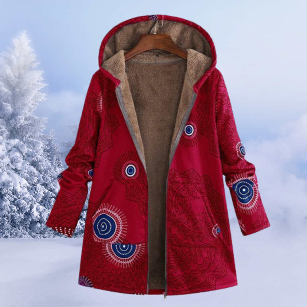 Reversible women's warm winter jacket with a stunning floral print and hood, ideal for versatile cold weather wear.