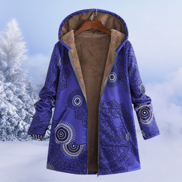 Cozy women's winter jacket with a lovely floral design & hood, providing comfortable warmth for outdoor adventures.